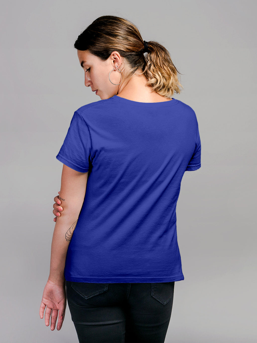 Back view of Fighterhero Women's Blue Round Neck T-shirt, highlighting the modern look and clean finish