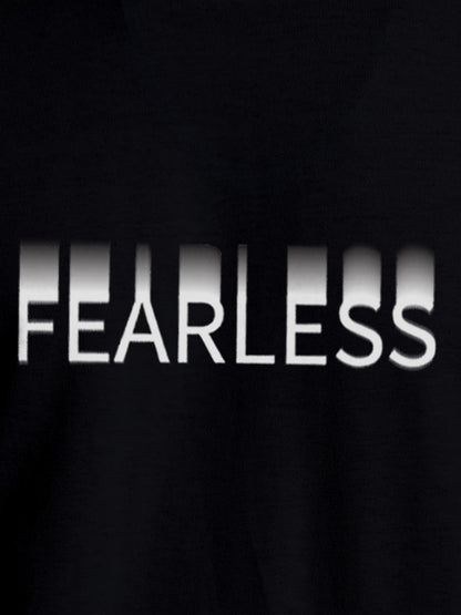 Close up of 'Fearless' design on Men's Black Round Neck T-shirt, highlighting intricate details and vibrant print.