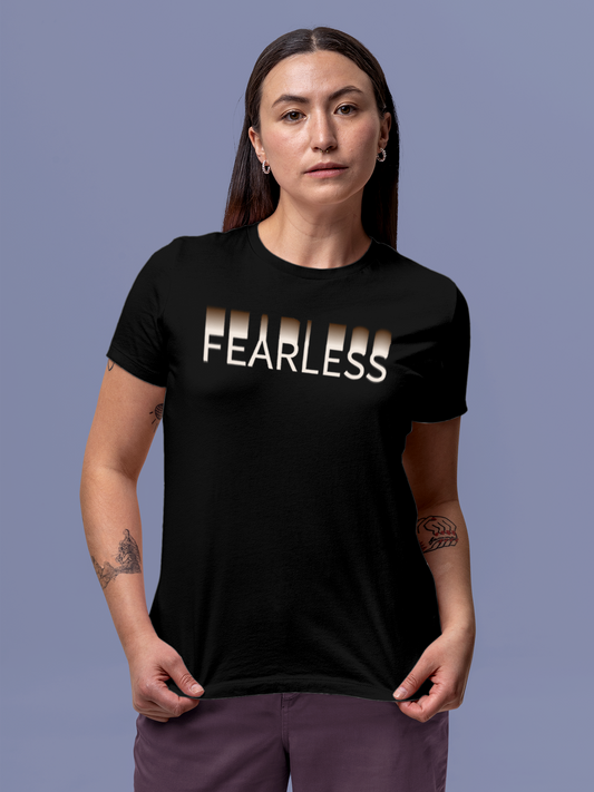 Fighterhero T-shirts: Model wearing Women's Black Round Neck T-shirt with 'Fearless' design