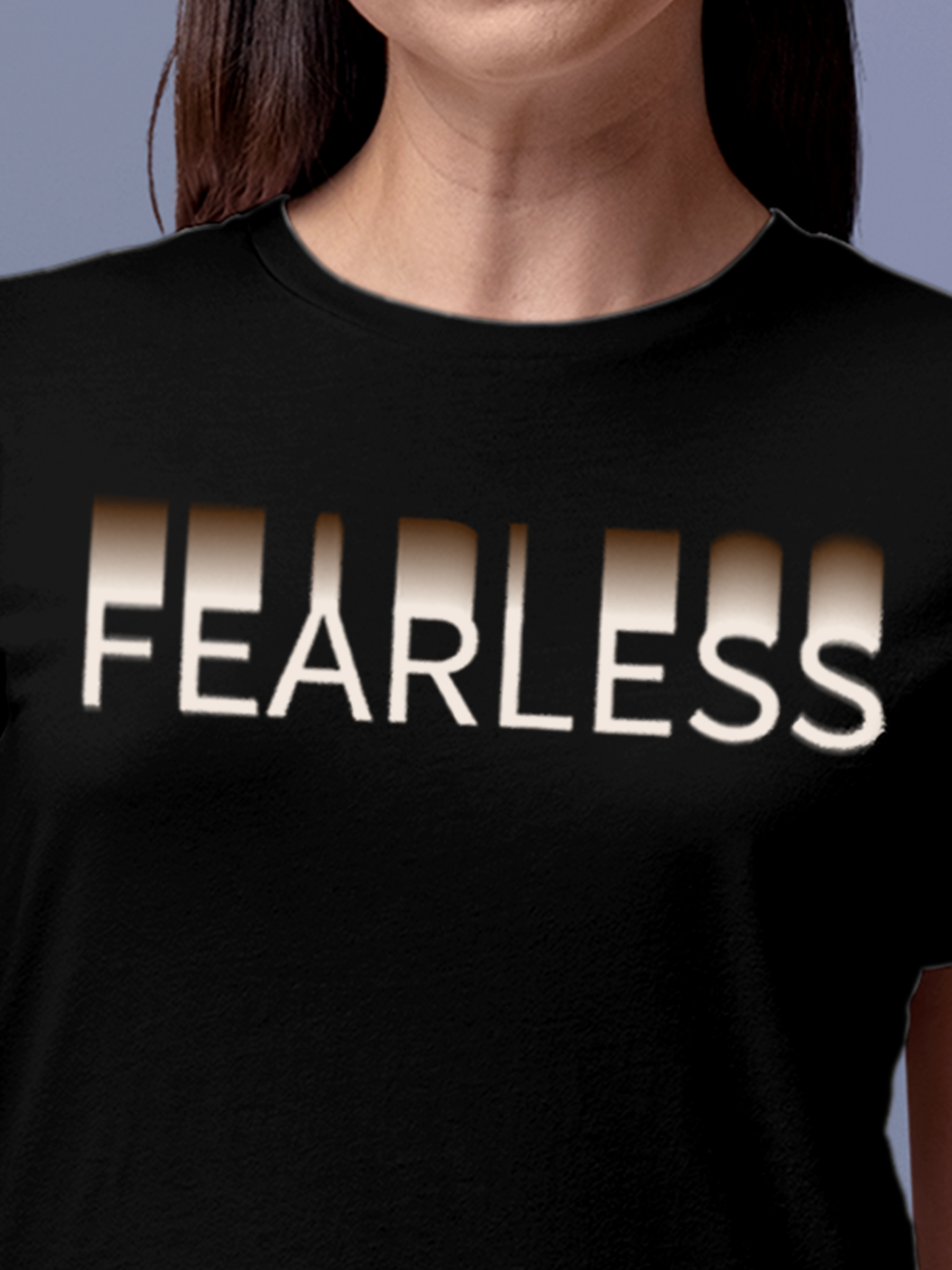 Close up of 'Fearless' design on Women's Black Round Neck T-shirt, highlighting intricate details and vibrant print.