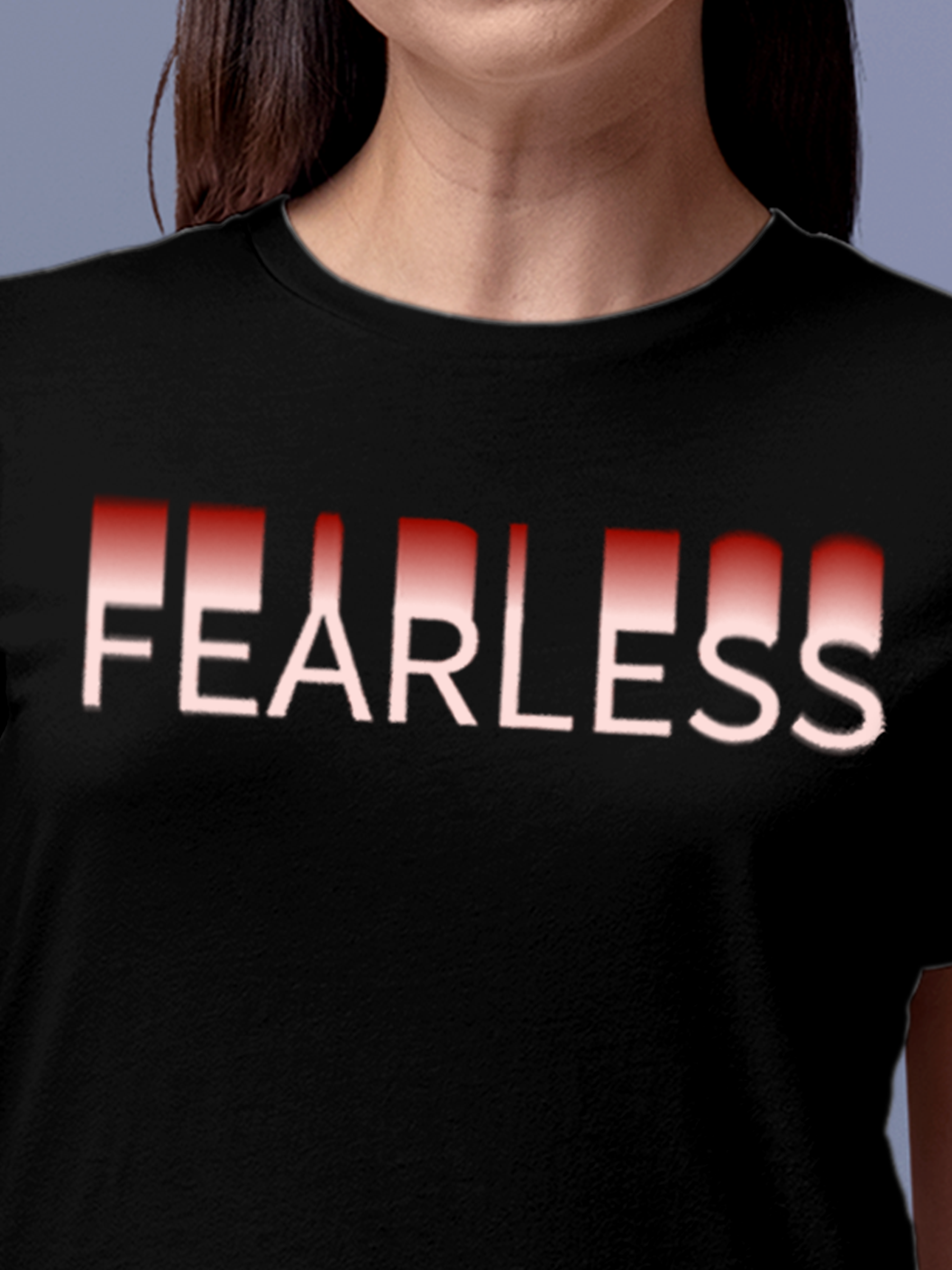Close up of 'Fearless' design on Women's Black Round Neck T-shirt, highlighting intricate details and vibrant print.