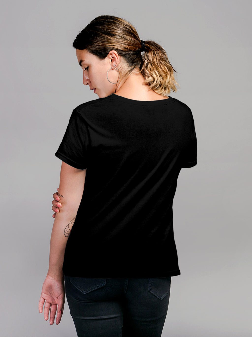 Back view of Fighterhero Women's Black Round Neck T-shirt, highlighting the modern look and clean finish