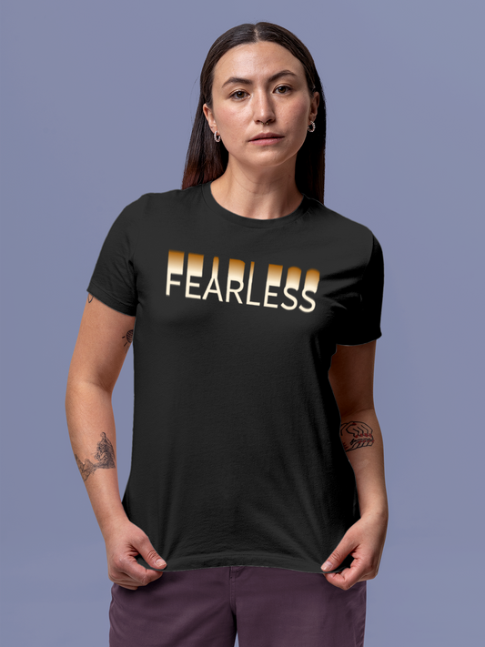 Fighterhero T-shirts: Model wearing Women's Charcoal Grey Round Neck T-shirt with 'Fearless' design