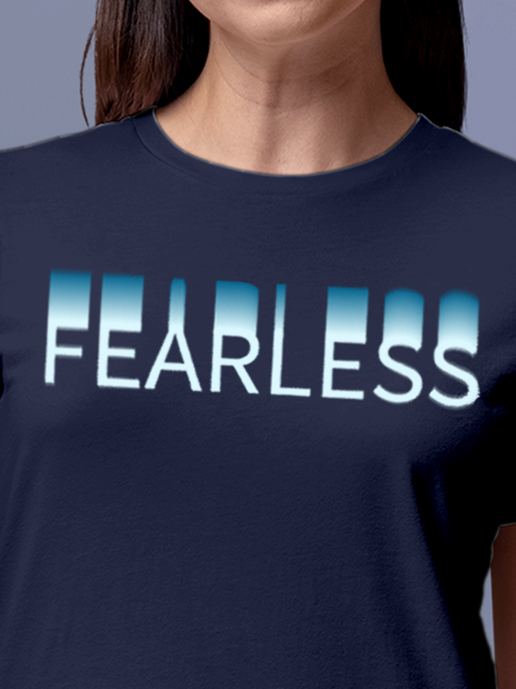 Close up of 'Fearless' design on Women's Navy Blue Round Neck T-shirt, highlighting intricate details and vibrant print.