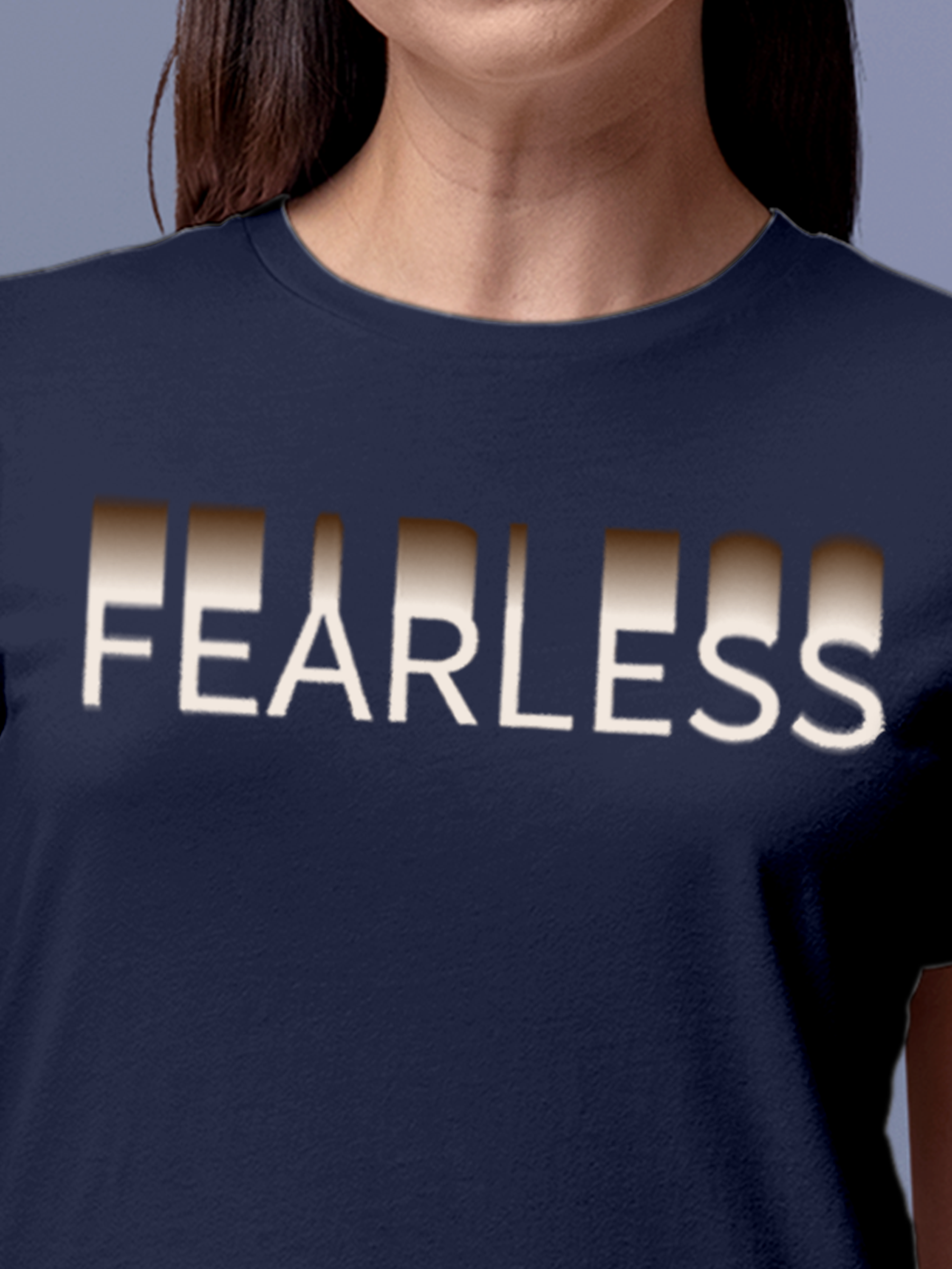 Close up of 'Fearless' design on Women's Navy Blue Round Neck T-shirt, highlighting intricate details and vibrant print.