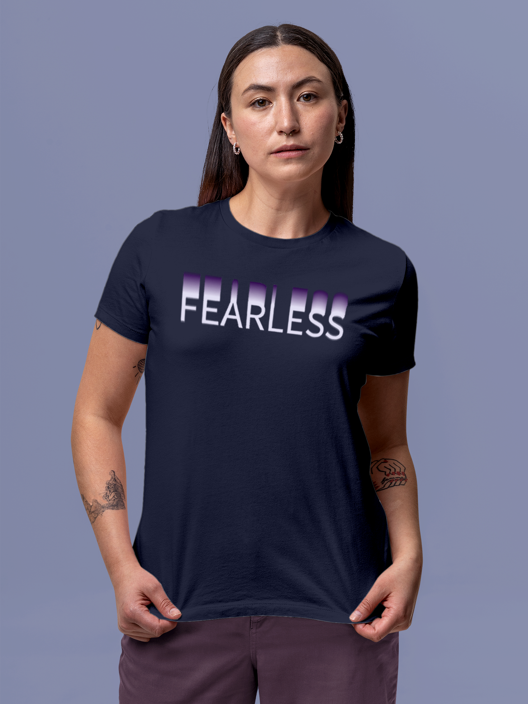 Fighterhero T-shirts: Model wearing Women's Navy Blue Round Neck T-shirt with 'Fearless' design