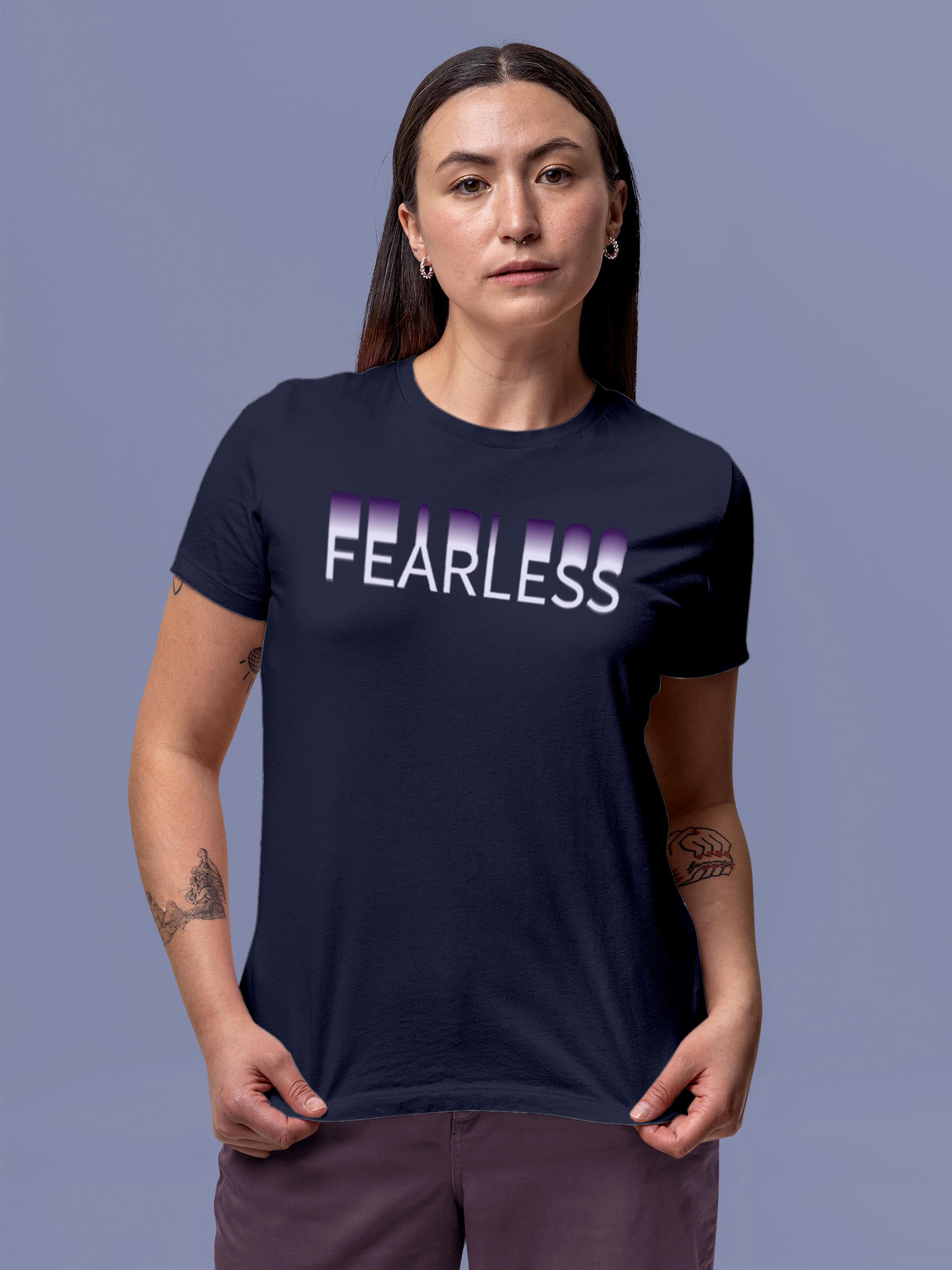 Model wearing Women's Navy Blue Round Neck T-shirt with 'Fearless' design, offering effortless style and premium comfort