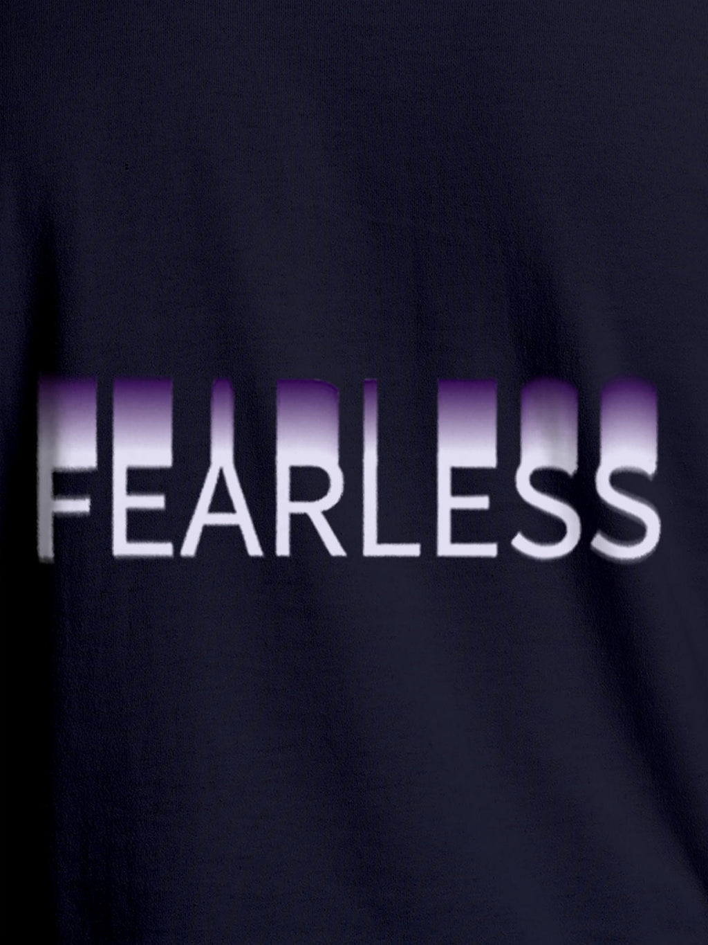 Close up of 'Fearless' design on Women's Navy Blue Round Neck T-shirt, highlighting intricate details and vibrant print.