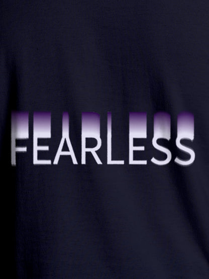 Close up of 'Fearless' design on Women's Navy Blue Round Neck T-shirt, highlighting intricate details and vibrant print.