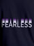 Close up of 'Fearless' design on Women's Navy Blue Round Neck T-shirt, highlighting intricate details and vibrant print.
