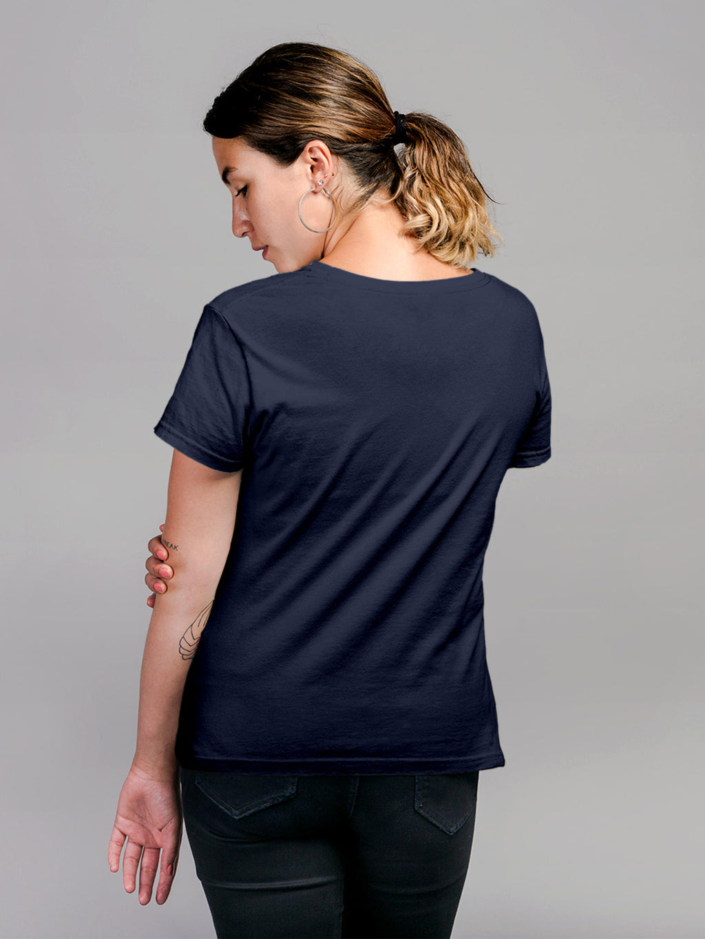 Back view of Fighterhero Women's Navy Blue Round Neck T-shirt, highlighting the modern look and clean finish