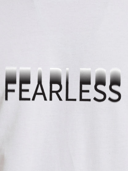 Close up of 'Fearless' design on Men's White Round Neck T-shirt, highlighting intricate details and vibrant print.