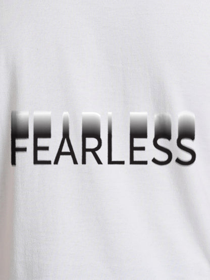 Close up of 'Fearless' design on Women's White Round Neck T-shirt, highlighting intricate details and vibrant print.