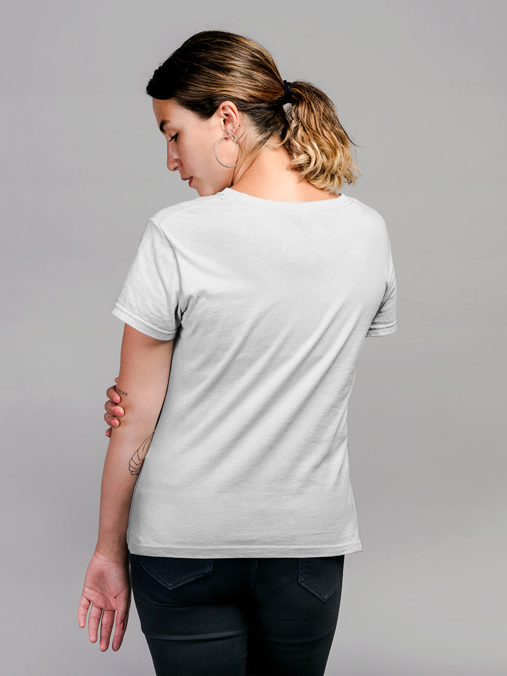 Back view of Fighterhero Women's White Round Neck T-shirt, highlighting the modern look and clean finish