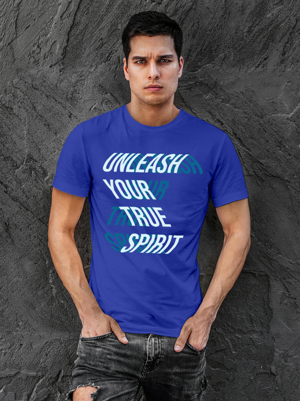 Model wearing Men's Blue Round Neck T-shirt with 'Unleash Your True Spirit' design, offering effortless style and premium comfort