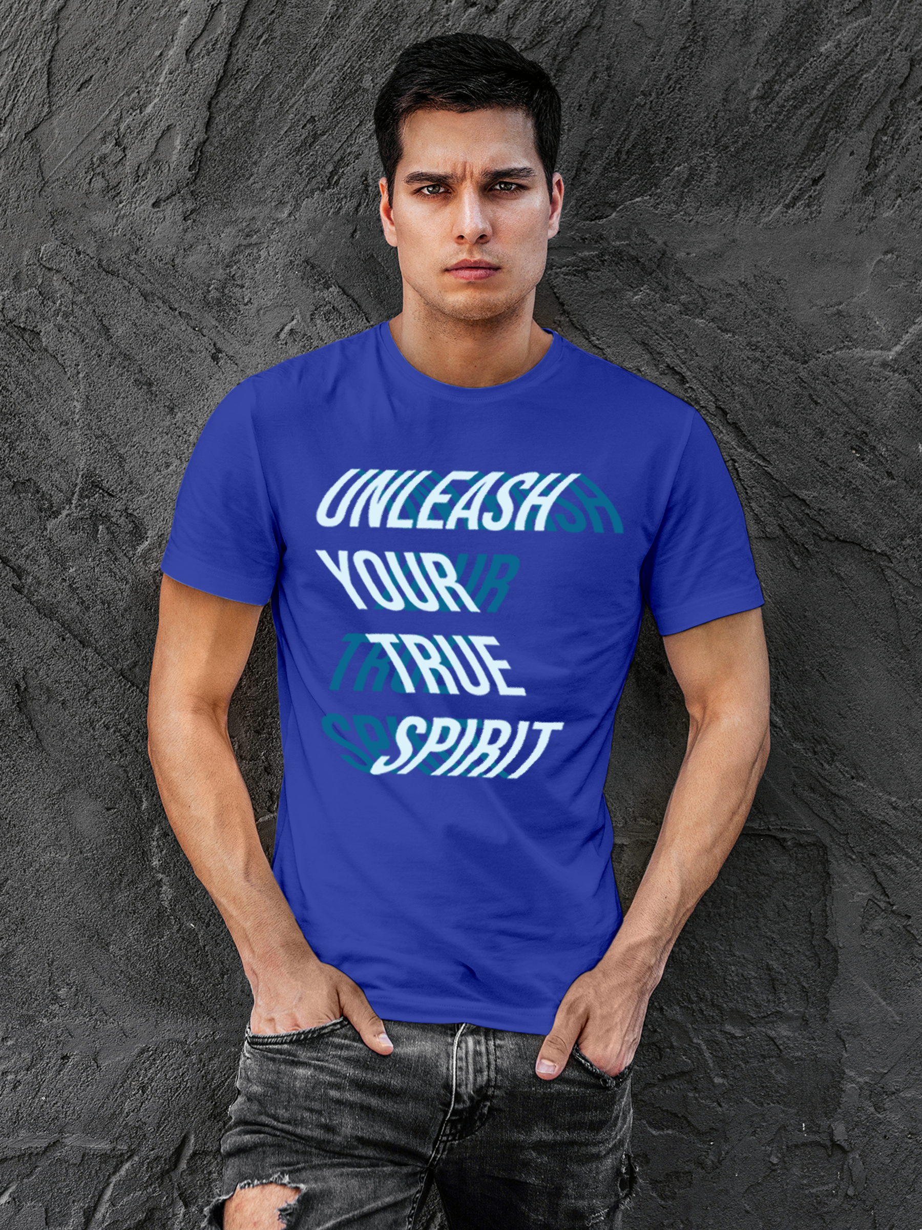 Fighterhero T-shirts: Model wearing Men's Blue Round Neck T-shirt with 'Unleash Your True Spirit' design