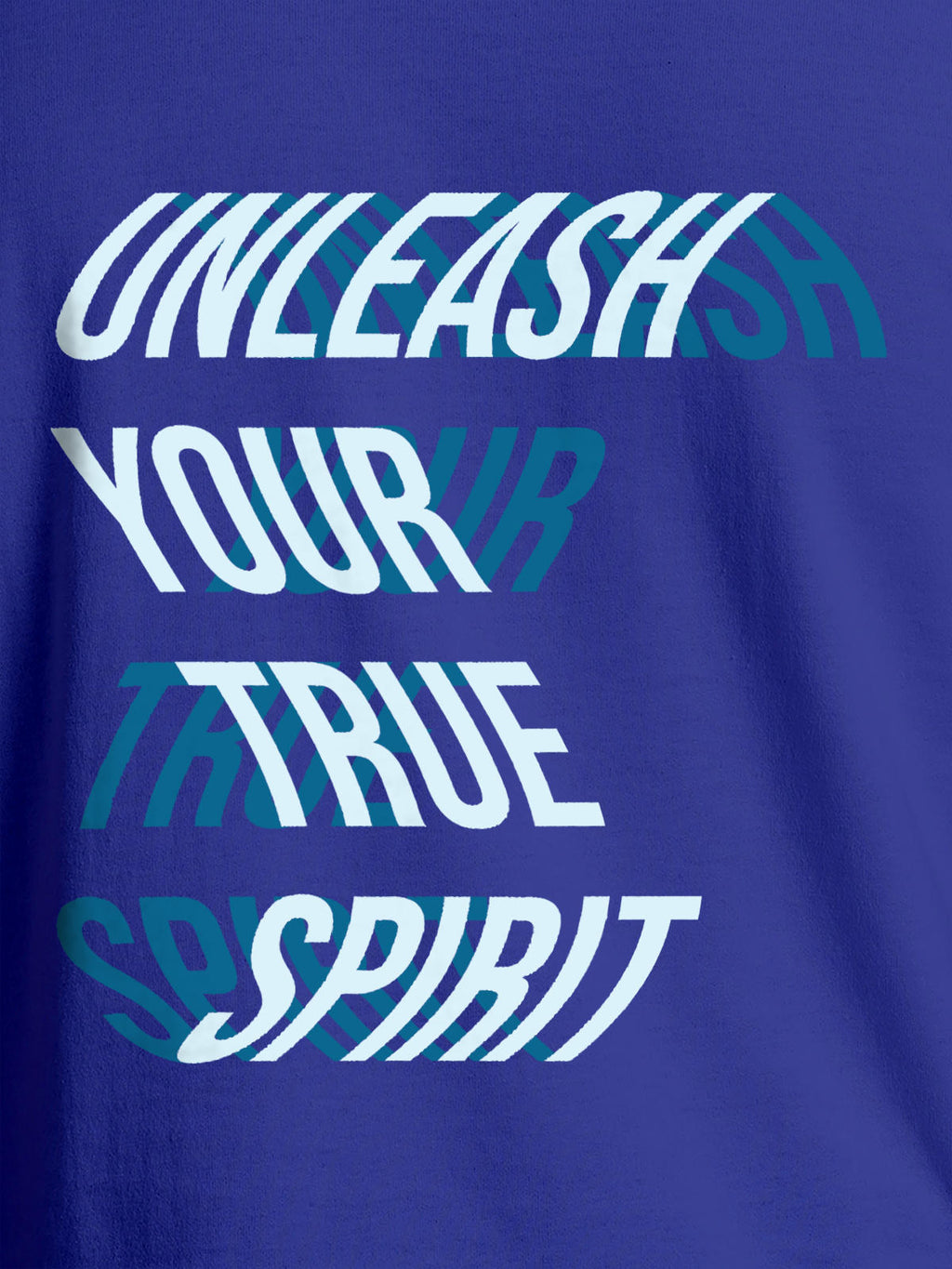 Close up of 'Unleash Your True Spirit' design on Men's Blue Round Neck T-shirt, highlighting intricate details and vibrant print.