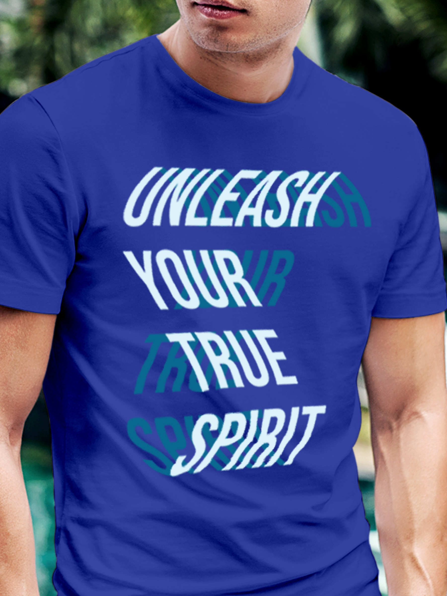 Close up of 'Unleash Your True Spirit' design on Men's Blue Round Neck T-shirt, highlighting intricate details and vibrant print.