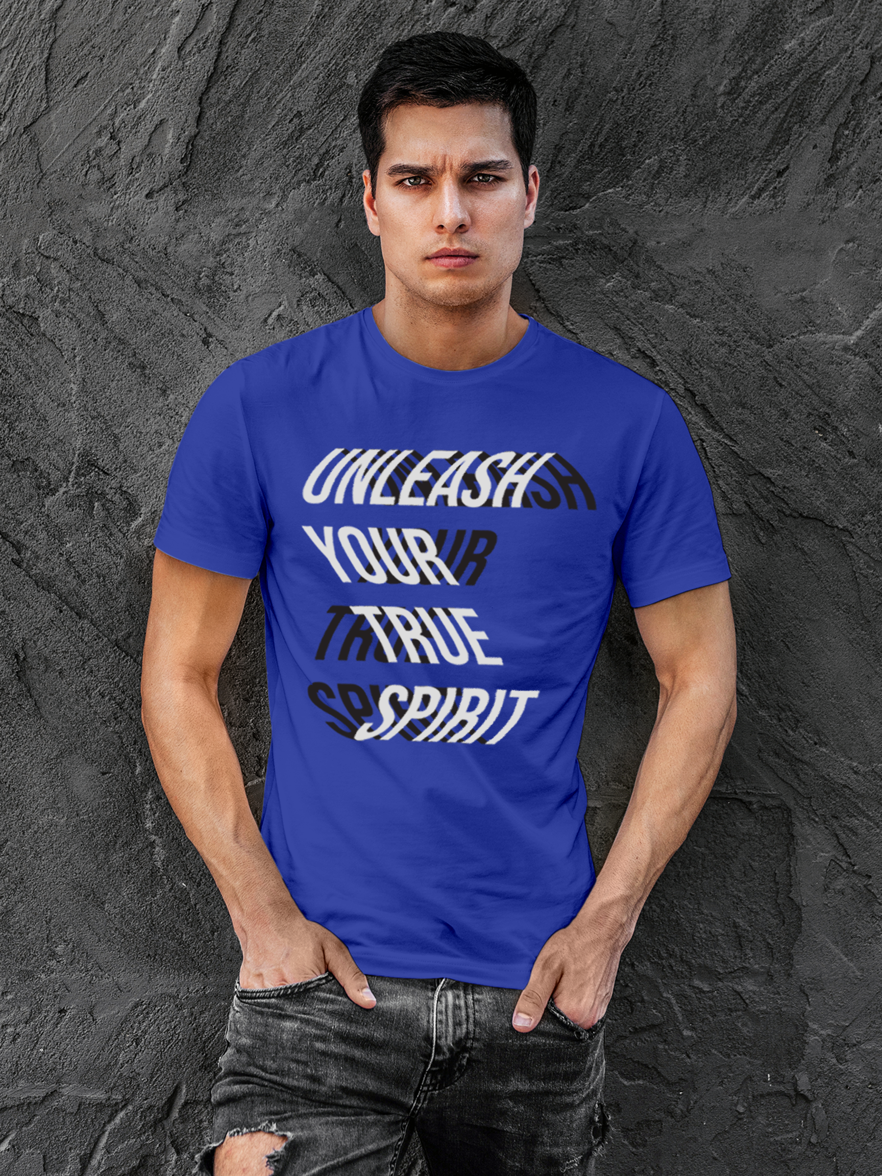 Model wearing Men's Blue Round Neck T-shirt with 'Unleash Your True Spirit' design, offering effortless style and premium comfort