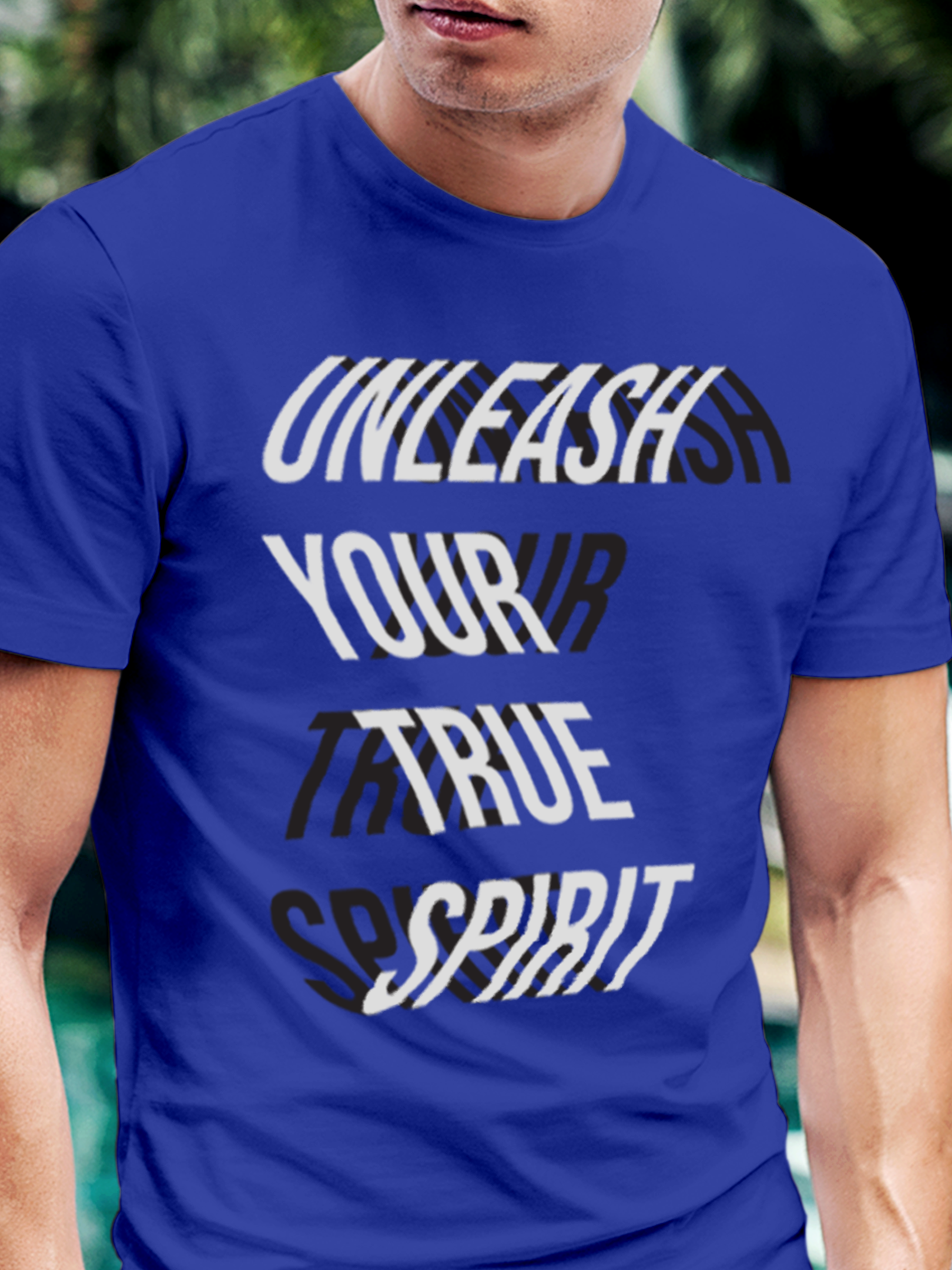 Close up of 'Unleash Your True Spirit' design on Men's Blue Round Neck T-shirt, highlighting intricate details and vibrant print.