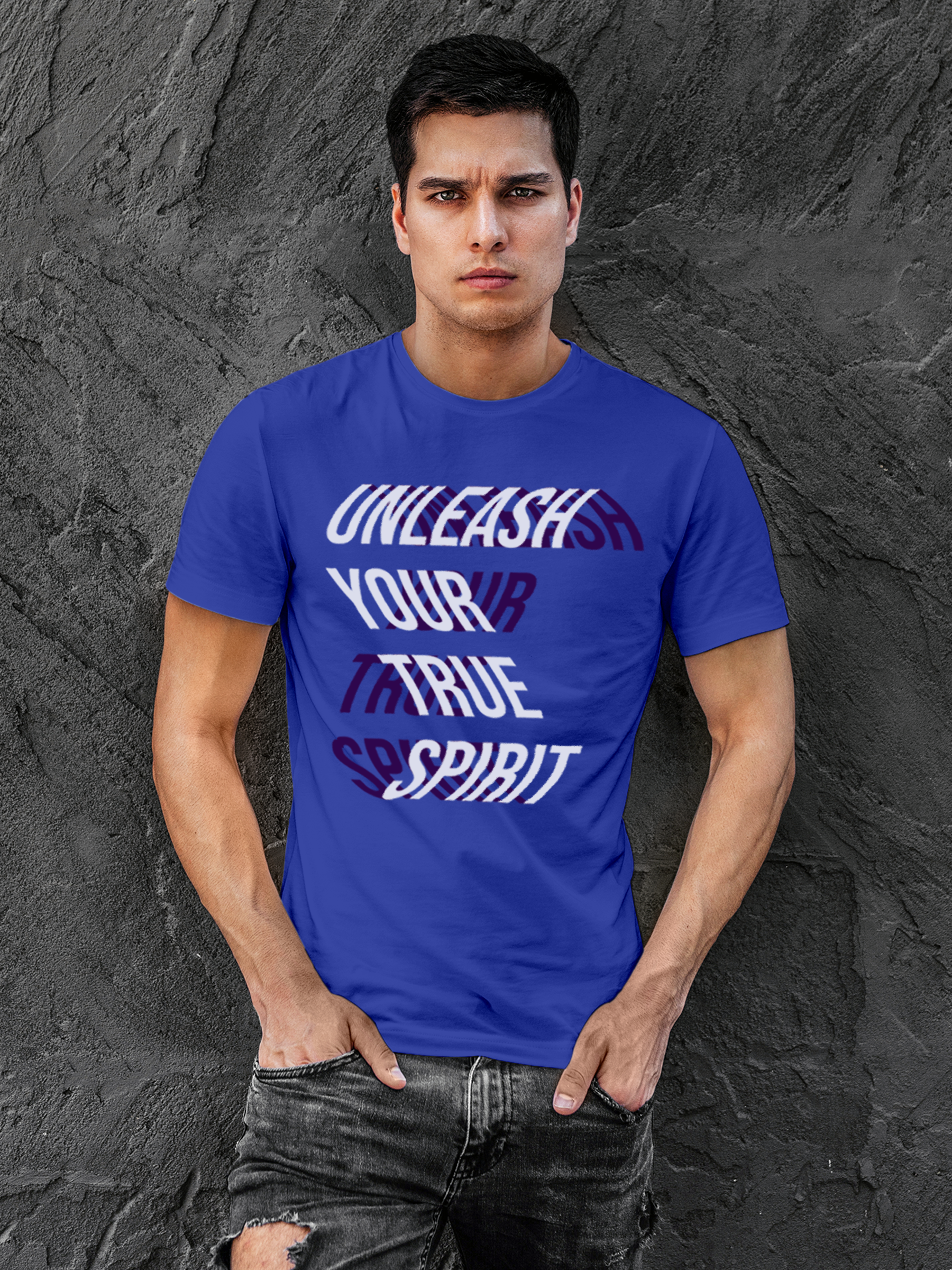 Model wearing Men's Blue Round Neck T-shirt with 'Unleash Your True Spirit' design, offering effortless style and premium comfort