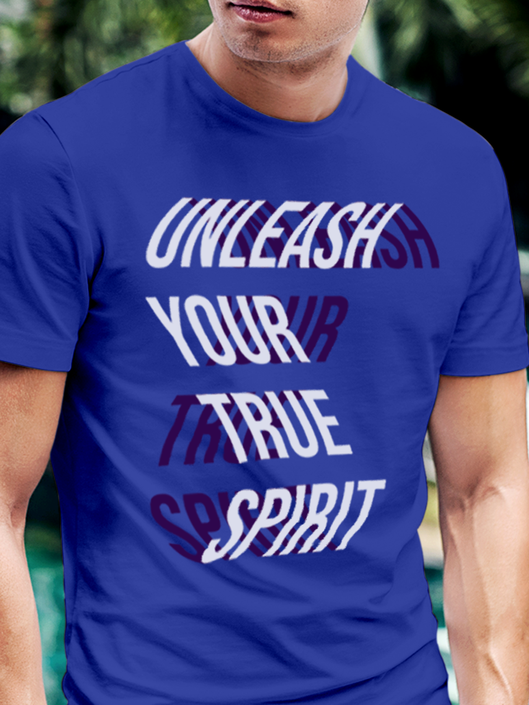 Close up of 'Unleash Your True Spirit' design on Men's Blue Round Neck T-shirt, highlighting intricate details and vibrant print.