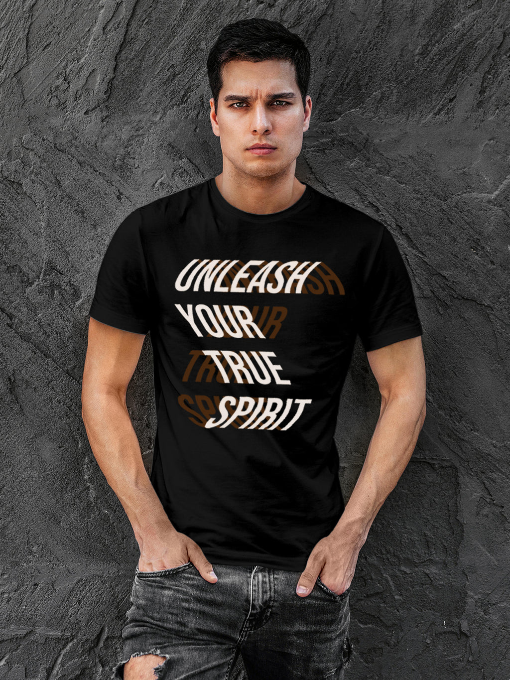 Model wearing Men's Black Round Neck T-shirt with 'Unleash Your True Spirit' design, offering effortless style and premium comfort