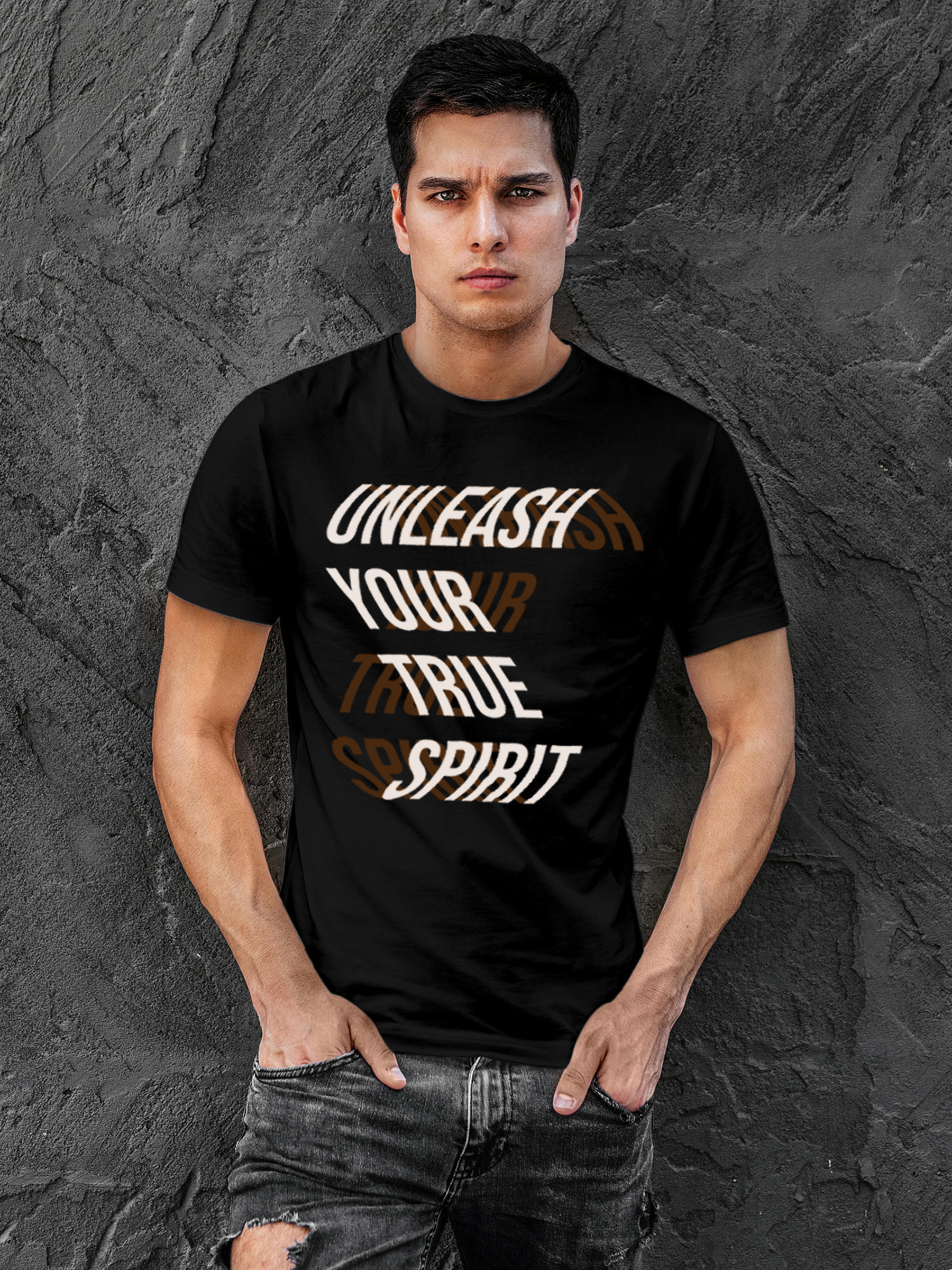 Model wearing Men's Black Round Neck T-shirt with 'Unleash Your True Spirit' design, offering effortless style and premium comfort