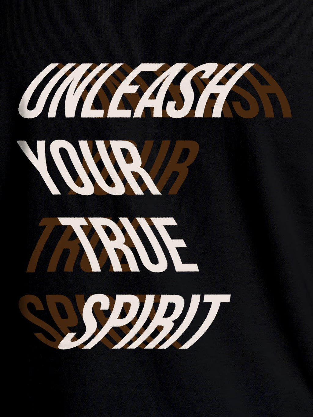 Close up of 'Unleash Your True Spirit' design on Men's Black Round Neck T-shirt, highlighting intricate details and vibrant print.