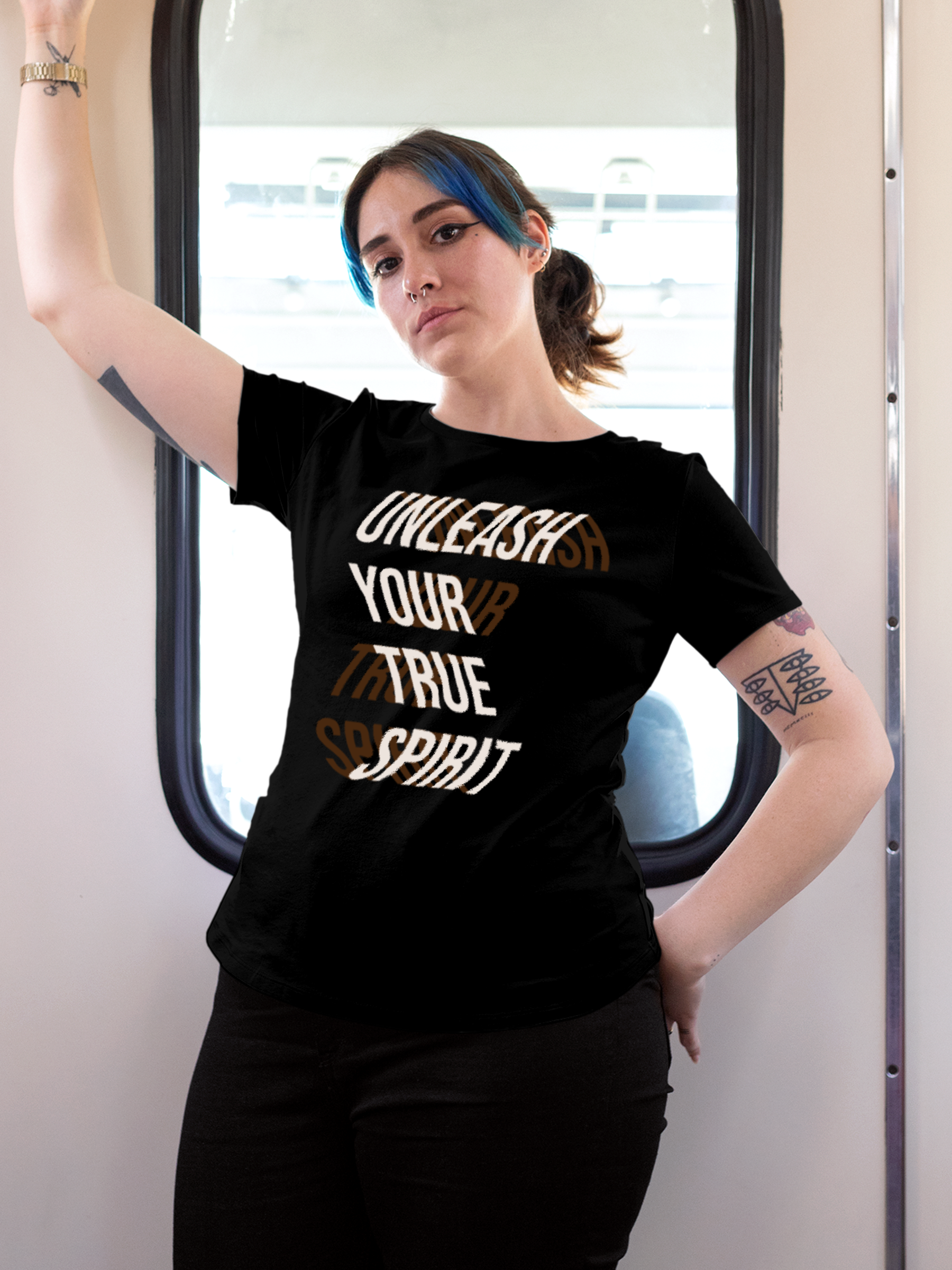 Fighterhero T-shirts: Model wearing Women's Black Round Neck T-shirt with 'Unleash Your True Spirit' design
