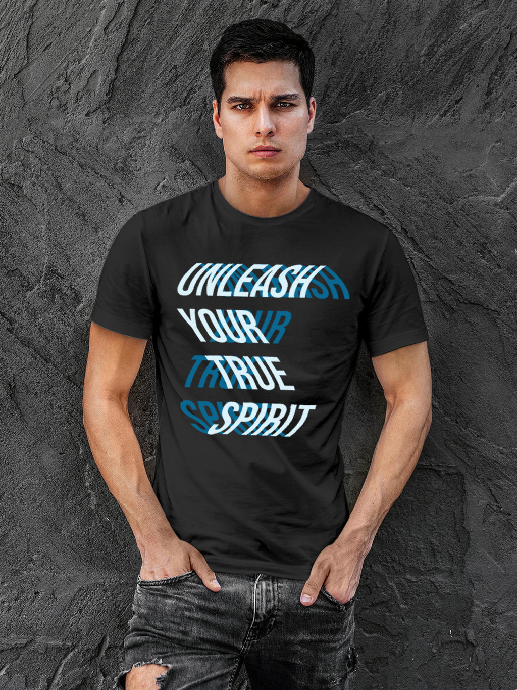 Model wearing Men's Dark Grey Round Neck T-shirt with 'Unleash Your True Spirit' design, offering effortless style and premium comfort
