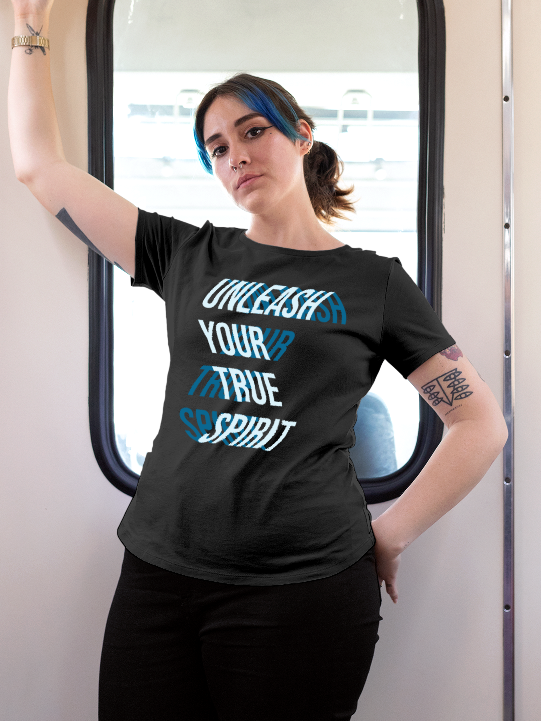 Fighterhero T-shirts: Model wearing Women's Dark Grey Round Neck T-shirt with 'Unleash Your True Spirit' design