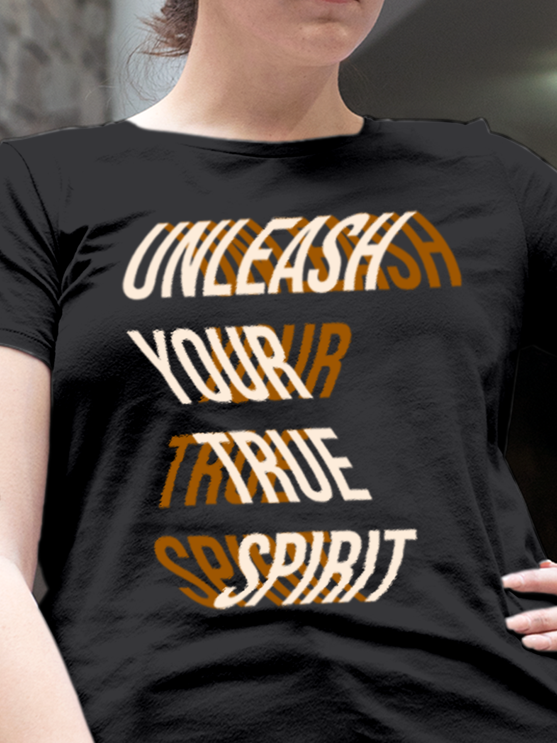 Close up of 'Unleash Your True Spirit' design on Women's Dark Grey Round Neck T-shirt, highlighting intricate details and vibrant print.