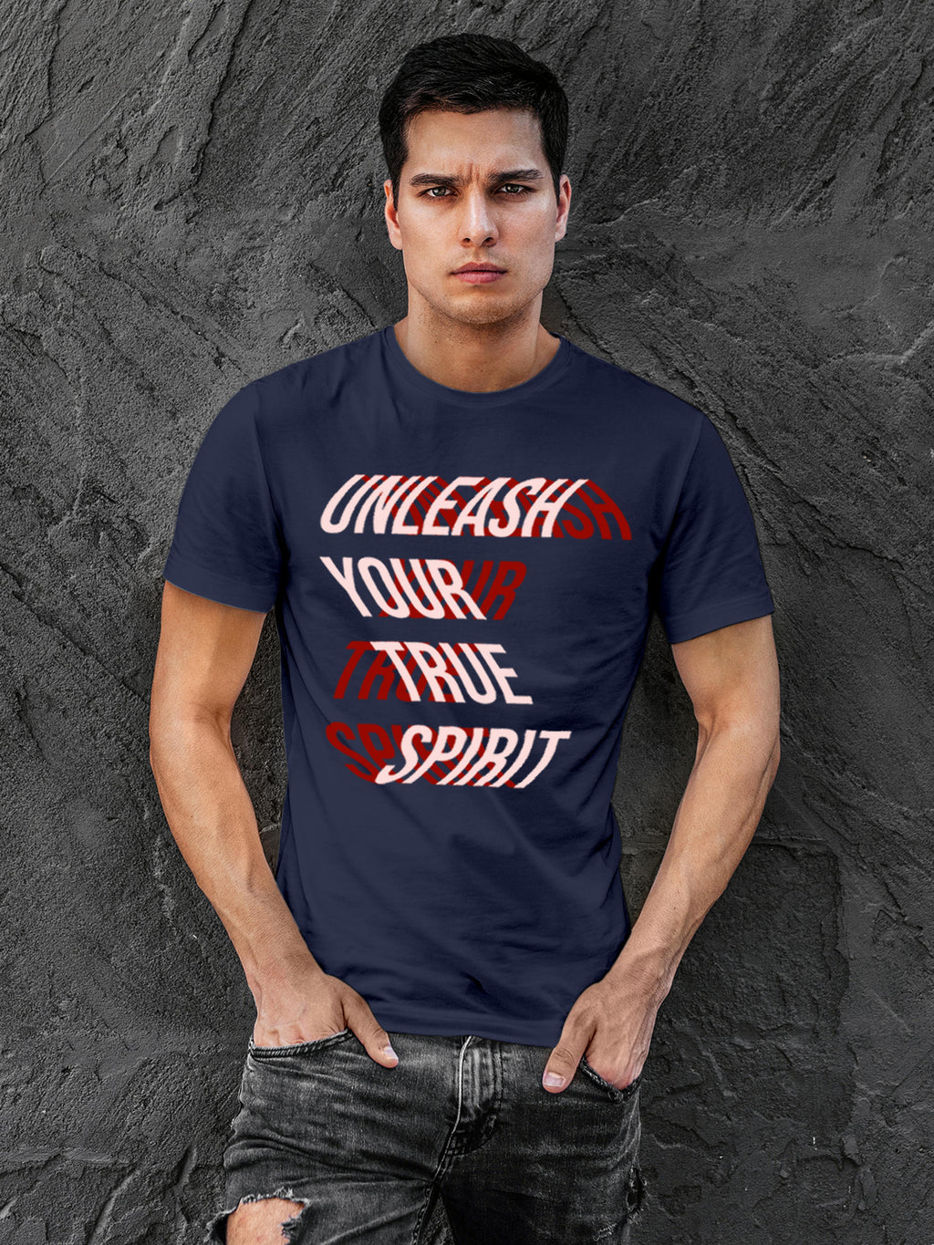 Model wearing Men's Navy Blue Round Neck T-shirt with 'Unleash Your True Spirit' design, offering effortless style and premium comfort