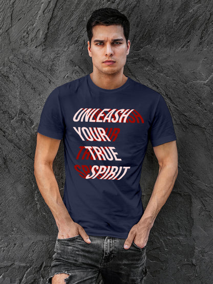 Model wearing Men's Navy Blue Round Neck T-shirt with 'Unleash Your True Spirit' design, offering effortless style and premium comfort