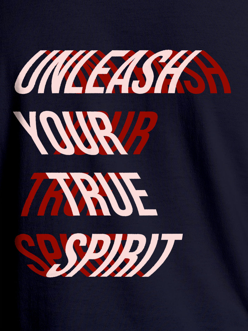 Close up of 'Unleash Your True Spirit' design on Men's Navy Blue Round Neck T-shirt, highlighting intricate details and vibrant print.