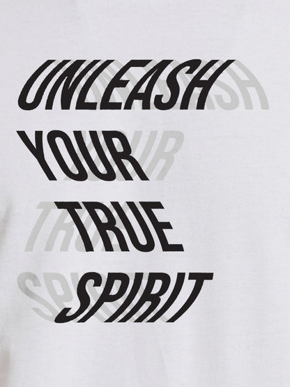 Close up of 'Unleash Your True Spirit' design on Women's White Round Neck T-shirt, highlighting intricate details and vibrant print.