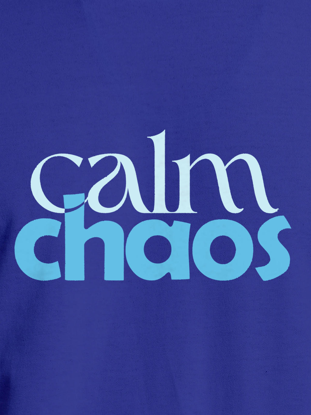 Close up of 'Calm Chaos' design on Men's Blue Round Neck T-shirt, highlighting intricate details and vibrant print.