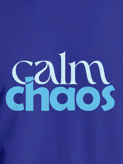 Close up of 'Calm Chaos' design on Men's Blue Round Neck T-shirt, highlighting intricate details and vibrant print.