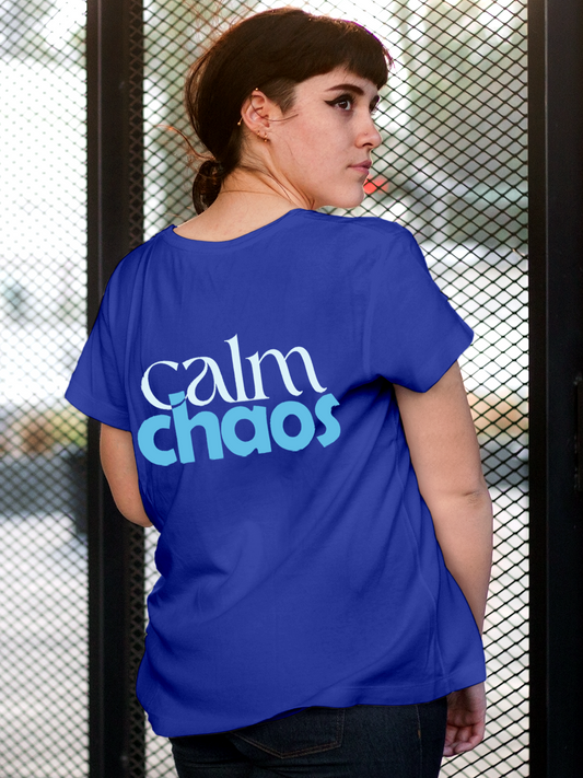 Fighterhero T-shirts: Model wearing Women's Blue Round Neck T-shirt with 'Calm Chaos' design