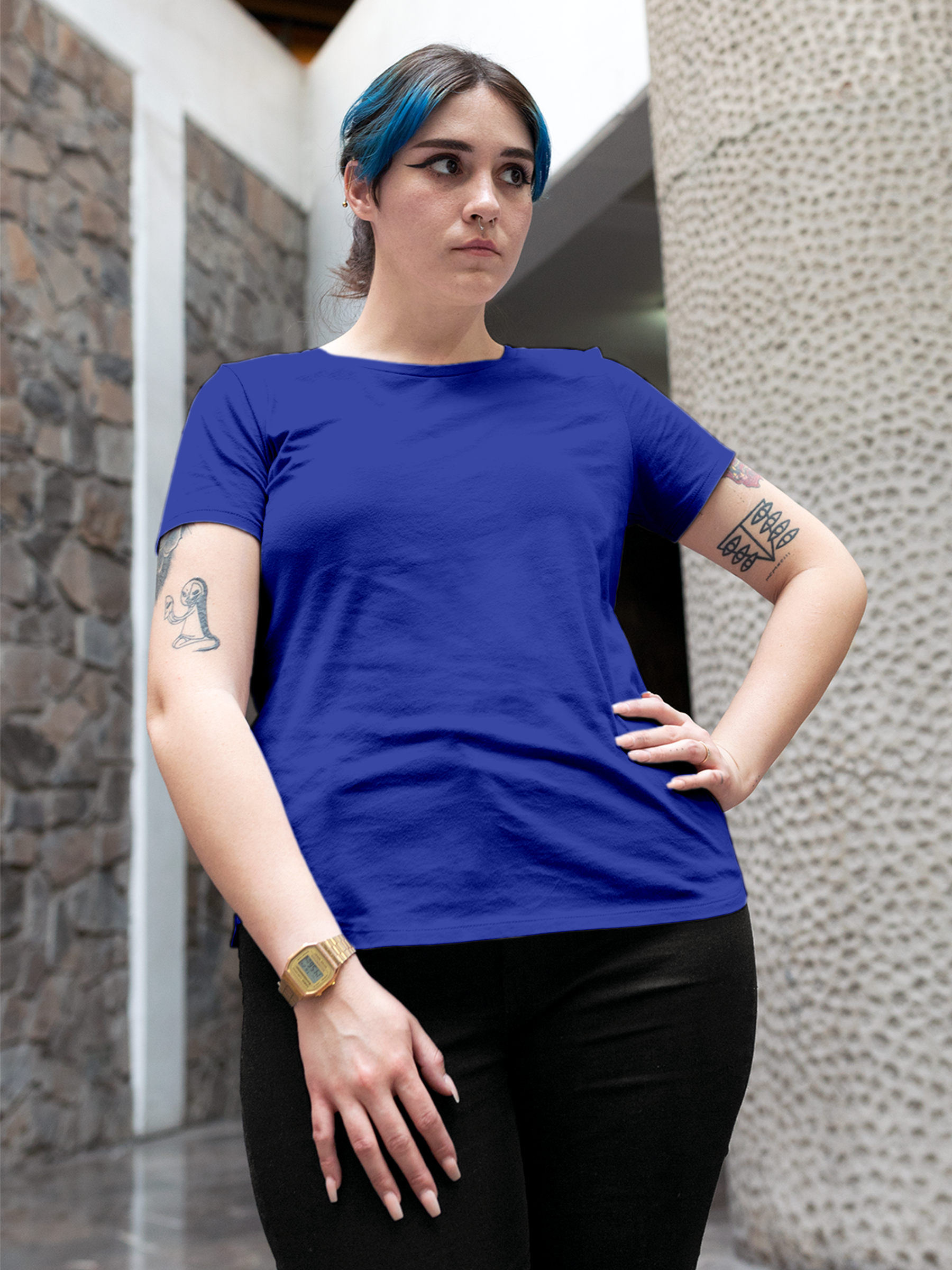Back view of Fighterhero Women's Blue Round Neck T-shirt, highlighting the modern look and clean finish