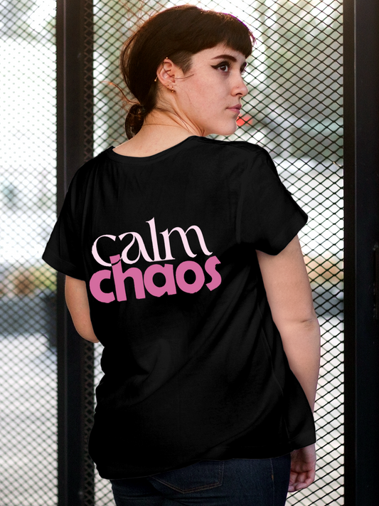Fighterhero T-shirts: Model wearing Women's Black Round Neck T-shirt with 'Calm Chaos' design