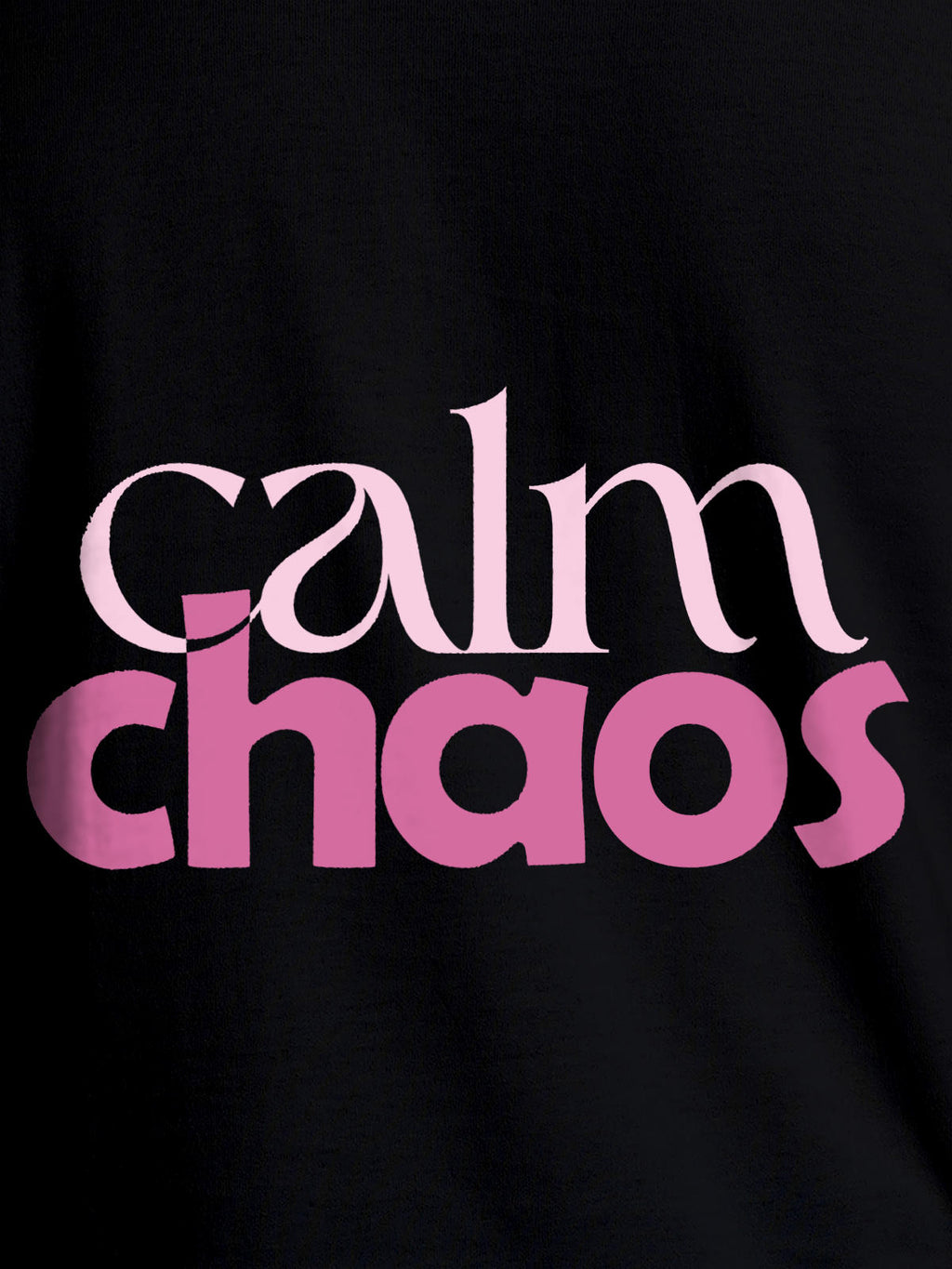Close up of 'Calm Chaos' design on Women's Black Round Neck T-shirt, highlighting intricate details and vibrant print.