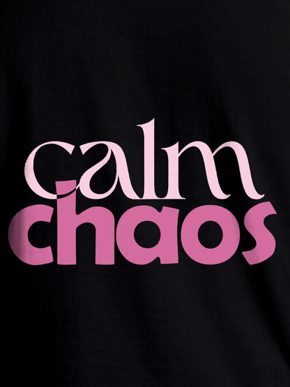 Close up of 'Calm Chaos' design on Women's Black Round Neck T-shirt, highlighting intricate details and vibrant print.