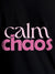 Close up of 'Calm Chaos' design on Women's Black Round Neck T-shirt, highlighting intricate details and vibrant print.