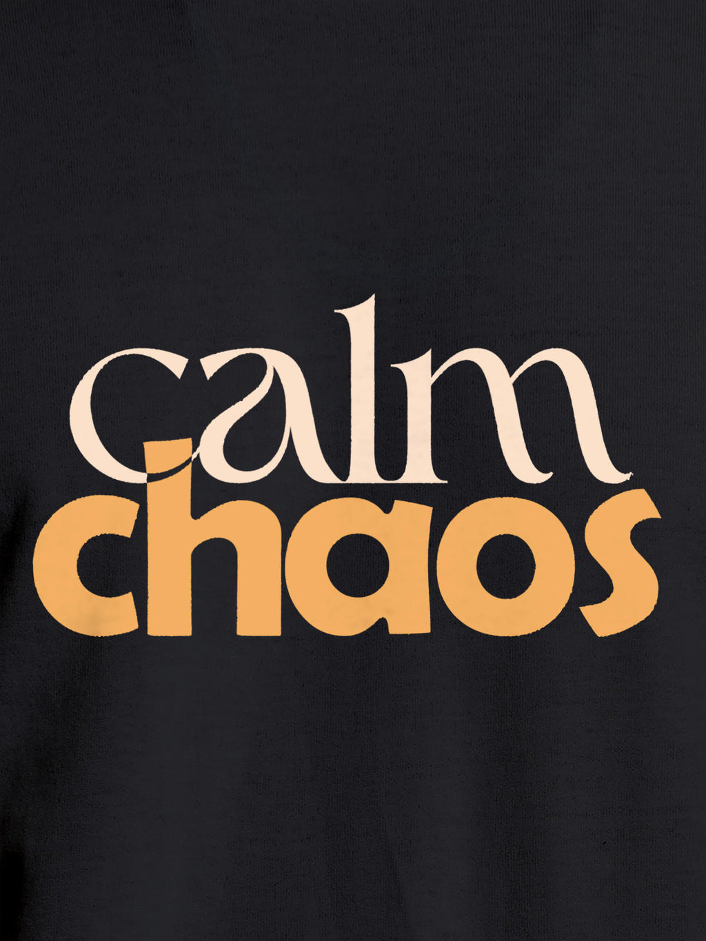 Close up of 'Calm Chaos' design on Men's Dark Grey Round Neck T-shirt, highlighting intricate details and vibrant print.