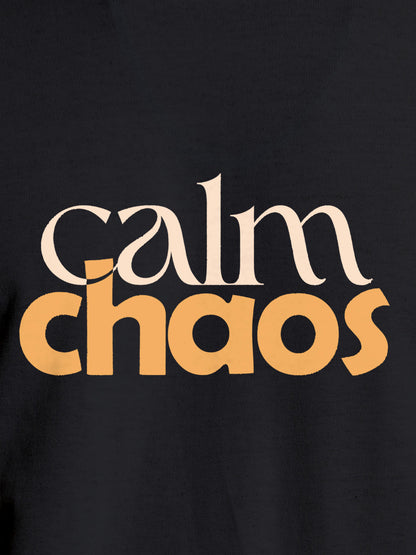 Close up of 'Calm Chaos' design on Men's Dark Grey Round Neck T-shirt, highlighting intricate details and vibrant print.