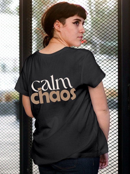 Fighterhero T-shirts: Model wearing Women's Charcoal Grey Round Neck T-shirt with 'Calm Chaos' design
