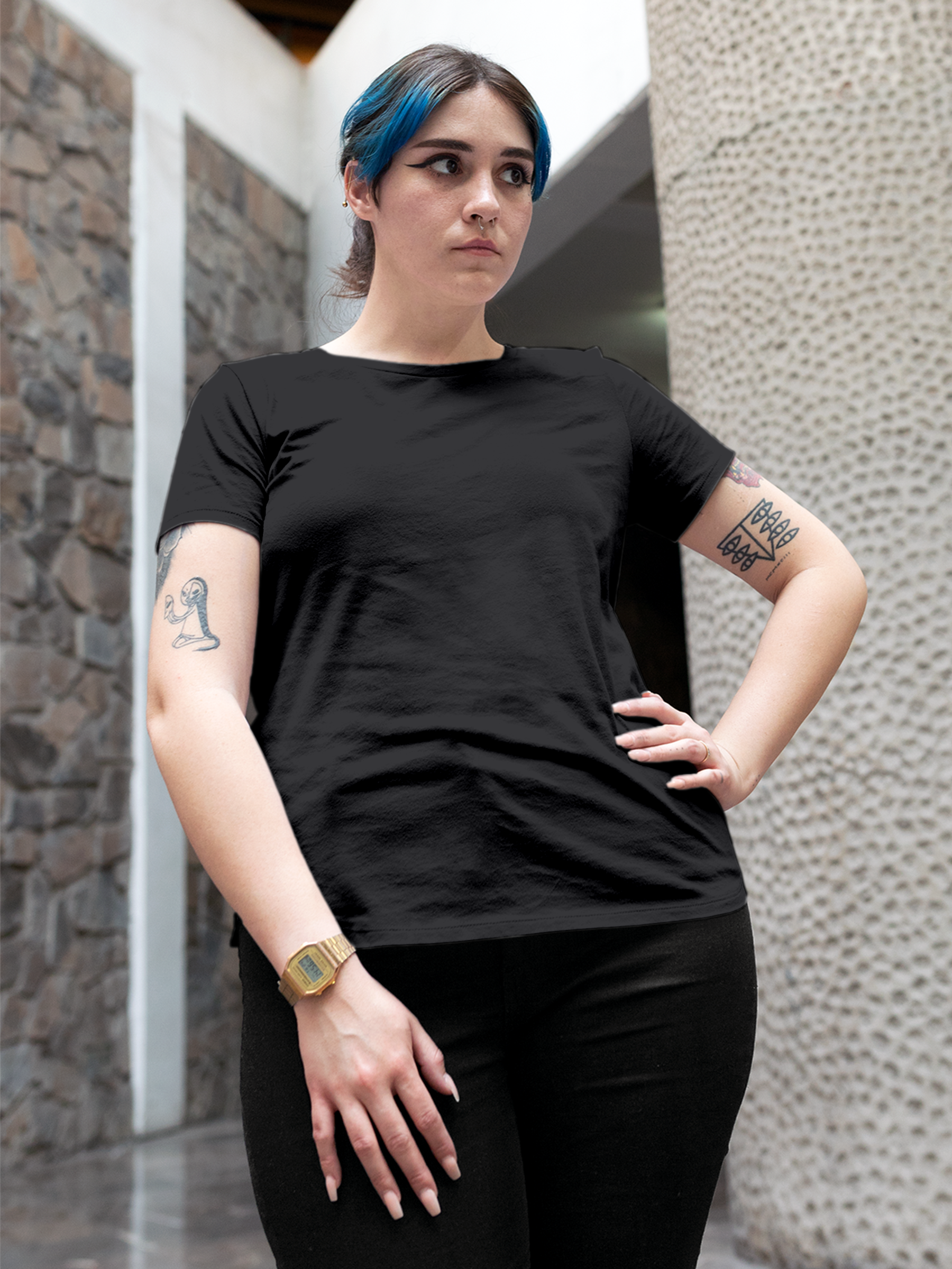Back view of Fighterhero Women's Charcoal Grey Round Neck T-shirt, highlighting the modern look and clean finish