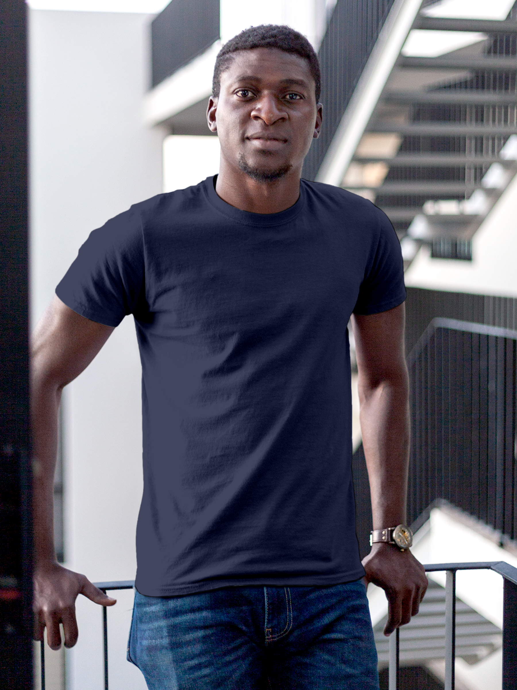 Back view of Fighterhero Men's Navy Blue Round Neck T-shirt, highlighting the modern look and clean finish